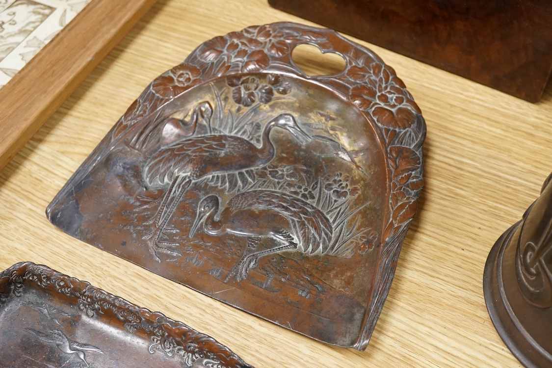 Sundry items comprising, Victorian walnut tea caddy, Arts and Crafts jug and Japanese antimony crumb scoop and tray, largest 32cm wide